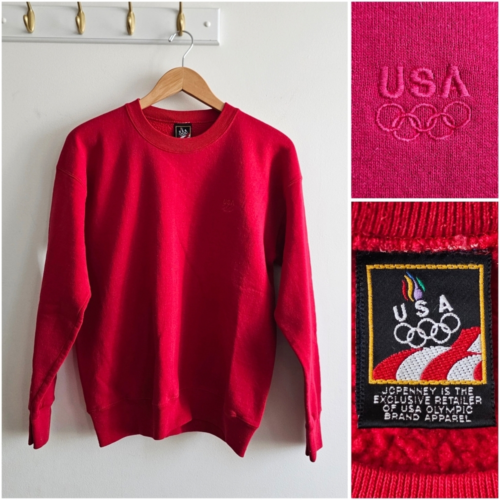 🔥 Vintage 90s USA Olympic Red Crewneck Sweatshirt Made in USA Size Large
